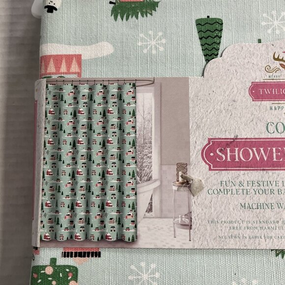 Twilight Town Christmas Fabric Shower Curtain Holiday Light Green Outdoor Snow - Picture 8 of 8